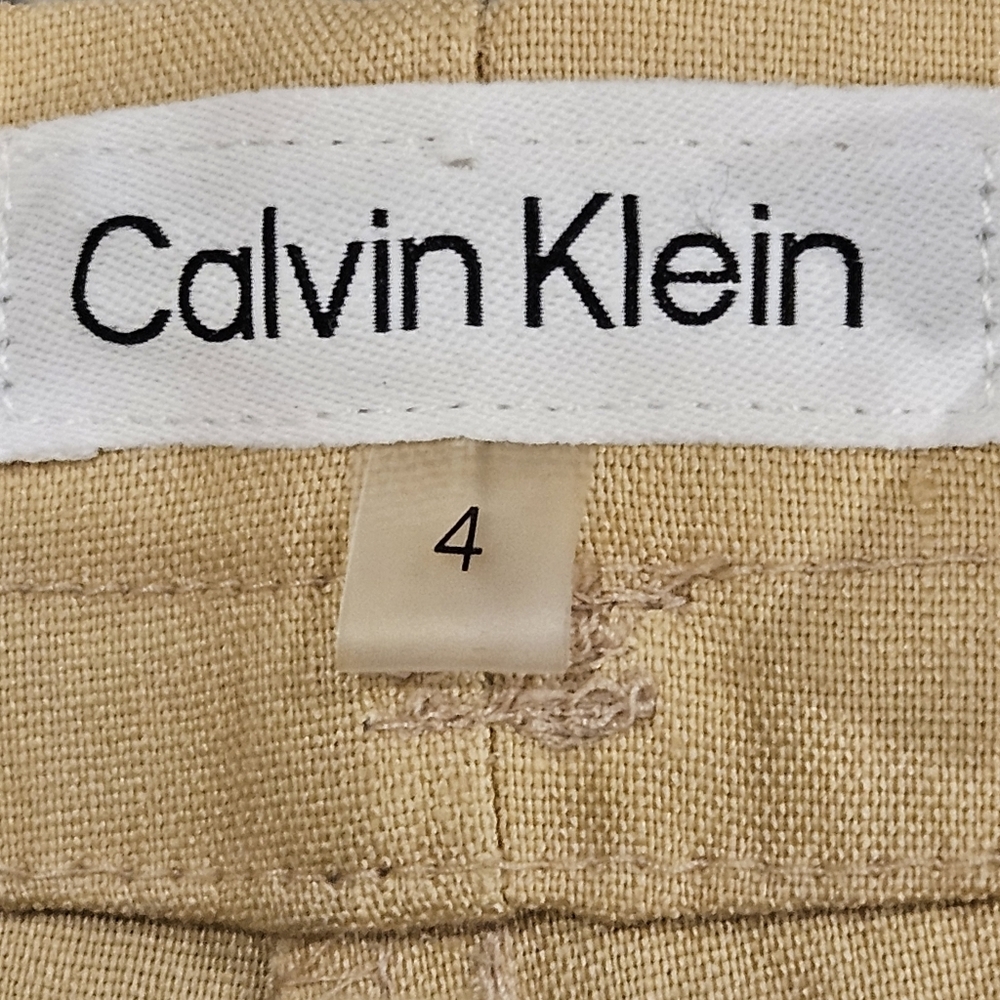 Calvin Klein SZ 4 Tan Belted Paperbag Pleated Linen Blend Pant Utility Pockets - Picture 4 of 12